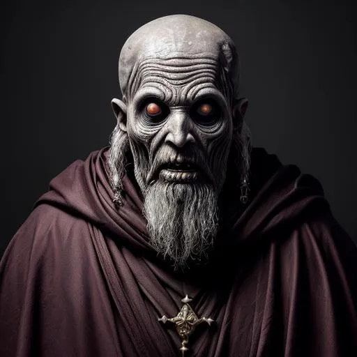 Prompt: hyperrealistic mixed media painting of a shriveled lich-like cultist, wrinkled skin on face, skin stretched thin, no nose, Akatsuki, orthodox priest robes with eye pattern, d&d, stunning 3d render + dim volumetric lighting, 8k octane beautifully detailed render, post-processing, extremely hyperdetailed, intricate, spooky composition, grim and powerful atmosphere, cinematic lighting + masterpiece, trending on artstation, very very detailed, masterpiece, horrifying, full body