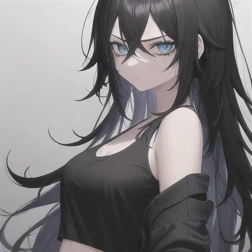 digital style painting, emo anime girl, black long m