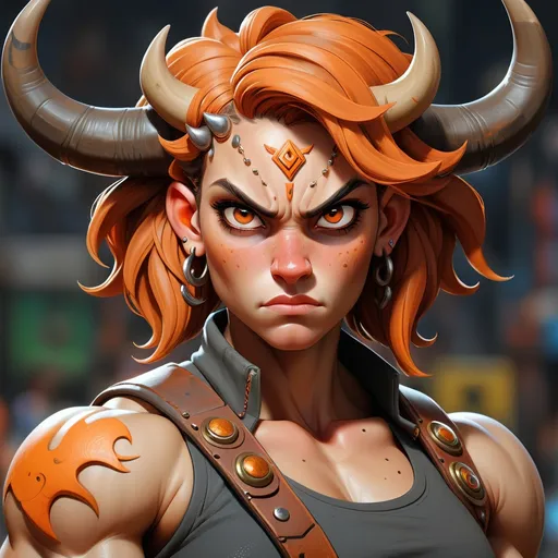 Prompt: Taurus, bull Girl, portrait, detailed, strong, swole, orange eyes, piercings, fancy outfit 