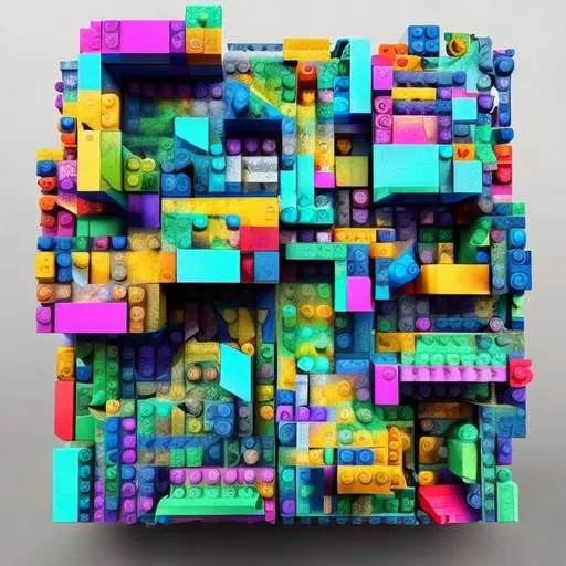 Prompt: overlapping square vibrant colorful stones in the form of Lego turns and forms into a shack. Matrix themed and futuristic