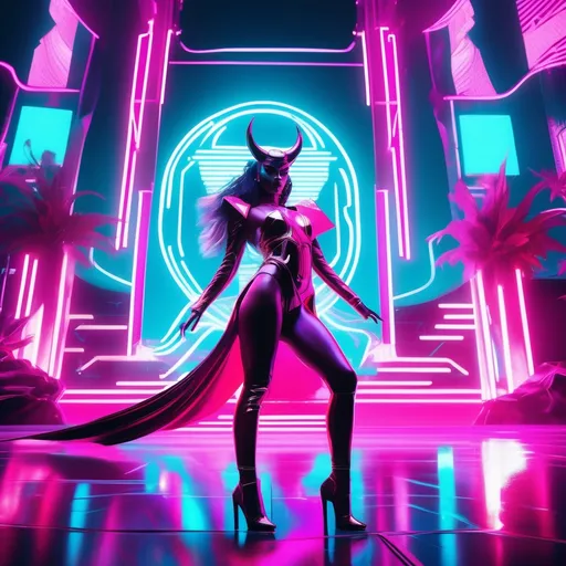 Prompt: a beautiful female demon in a dynamic pose in a retro futuristic synthwave cyberpunk neon paradise.  neon lighting, high quality, beautiful, synthwave, cyber, retro, futuristic