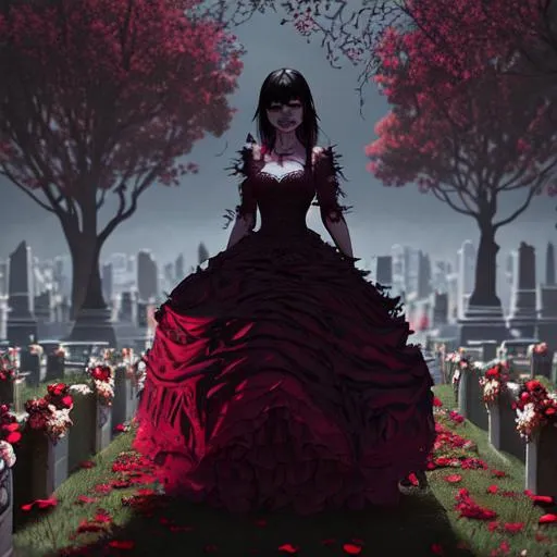 Prompt: volumetric lighting, occlusion, Unreal Engine 5 128K UHD Octane, fractal, pi, fBm Girl undead zombie black hair torn burgundy gown surrounded by roses floating in a cemetery 