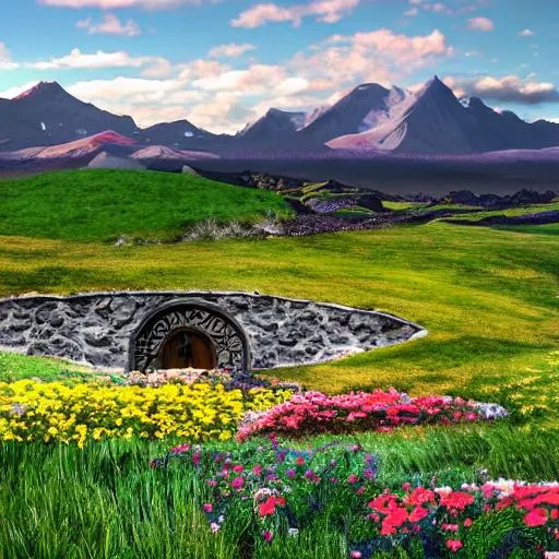 Prompt: hobbit hole foreground right, rolling hills, flowers, single evil mountain in far background, anime, oblique, lonely mountain in far distance, mountains, 


