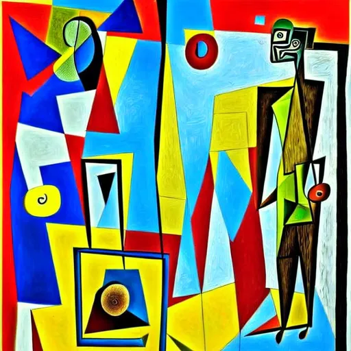 Prompt: A abstract painting big cubical background with different shapes and items  and sizes of shapes textured textures into this painting different dimensions in this image different hidden items like a puzzle random lines or out of place items or things in this picture. A man walking a Dog random placement. Picasso style, Salvador Dali style 