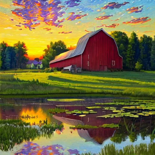 Prompt: Michigan, landscape, barn,  sunset, pond,  James gurney, in Gouache Style, Museum Epic Impressionist Maximalist Masterpiece, Thick Brush Strokes, Impasto Gouache, thick layers of gouache  textured on Canvas, 8k Resolution, Matte Painting"