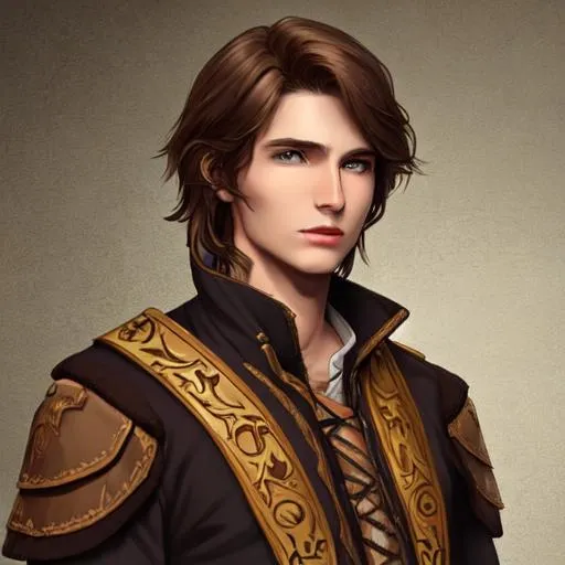 Prompt: Petty noble, male, cheap clothes, no jewelry, medium brown hair, calming presence, young, fantasy, realistic, drawing