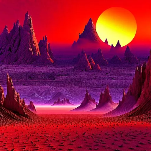 Prompt: concept art, hyperrealism, thick red sandstorm grain filter, "Warlocks and Warriors" Sprague de Camp style, purple desert, jagged purple rock crags, red sky, sun hidden by sand