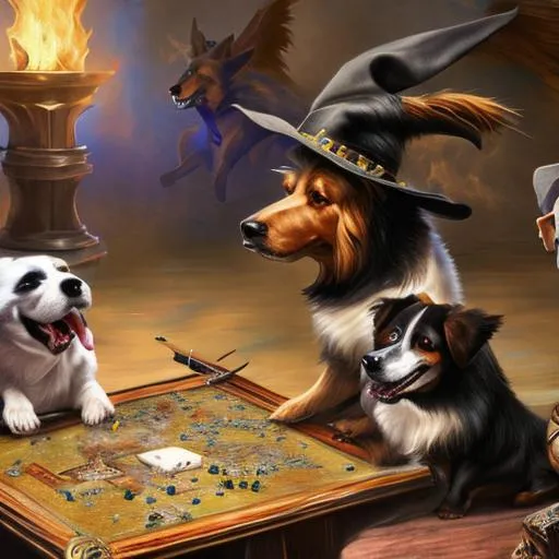 Prompt: UHD, 8K, Very Detail, masterpiece, ,high quality, oil painting of multiple dogs playing a game of Dungeons and Dragons around a table, black corgi wearing a wizard robe and hat, detailed, visible faces, visible eyes, visible features, detailed faces, detailed eyes