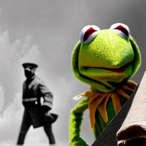 Prompt: kermit in historical event next to a historical figure
