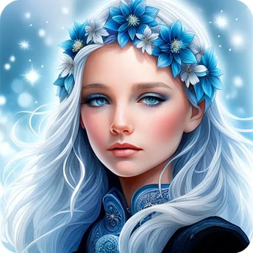Prompt: young girl, covered in frost, bashful hypnotic sapphire blue eyes, calm bashful smile, gorgeous silver hair, blue flower in her hair