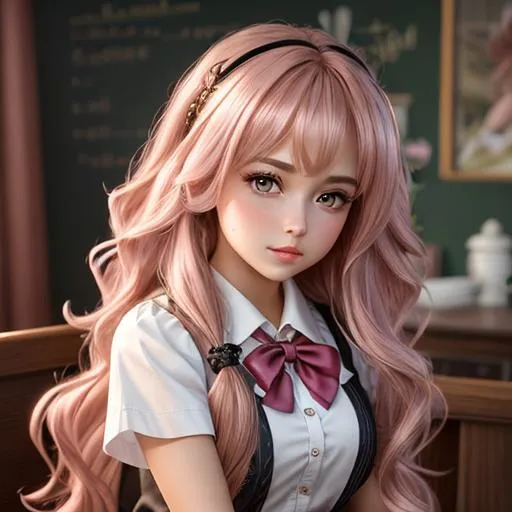 Prompt: {{{{highest quality stylized character masterpiece}}}} best award-winning digital oil painting with {{lifelike textures brush strokes}}, hyperrealistic intricate perfect 128k UHD HDR, girl with long wavy pink hair, brown eyes, cute, skirt, cute shirt, plushie, school girl
