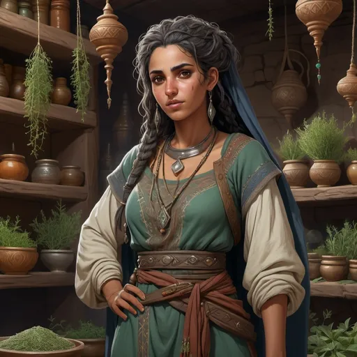 Prompt: Full body, Fantasy illustration of a female berber healer, 28 years old, dark oliv skin, disheveled hair, traditional berber garment, suspicious expression, high quality, rpg-fantasy, detailed, in a herb shop