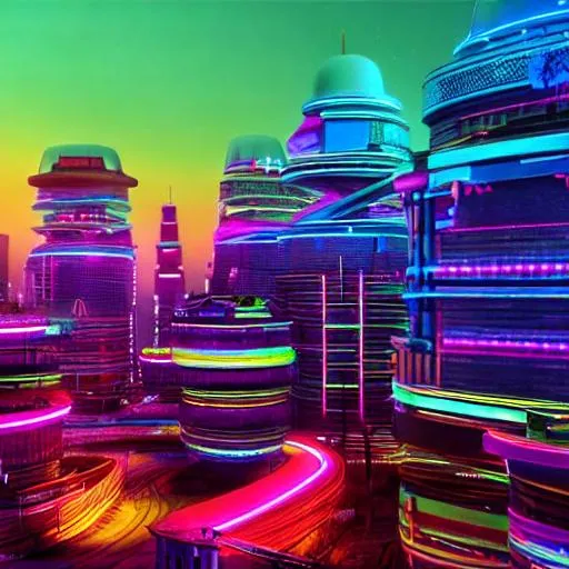 Prompt: Neon Colored view of dystopian city with futuristic qualities. 