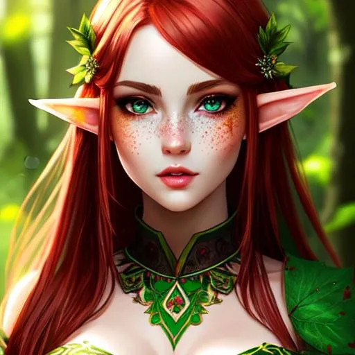 Prompt: Please produce painting in the style of ChrissaBug of a gorgeous female elf, looks like a young goddess, pretty eyes lying on forest floor and messy red hair, freckles in her face, symmetrical face, Bright green eyes with highlights . professional lighting, highly detailed art, open sensual mouth