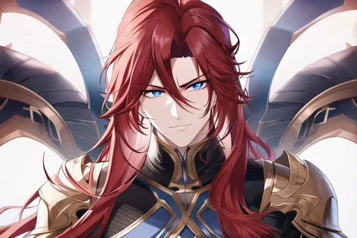 Prompt: Zerif 1male (Red side-swept hair falling between the eyes, sharp and sassy blue eyes), highly detailed face, 8K, Insane detail, best quality, UHD, handsome, flirty, muscular, Highly detailed, insane detail, high quality. 