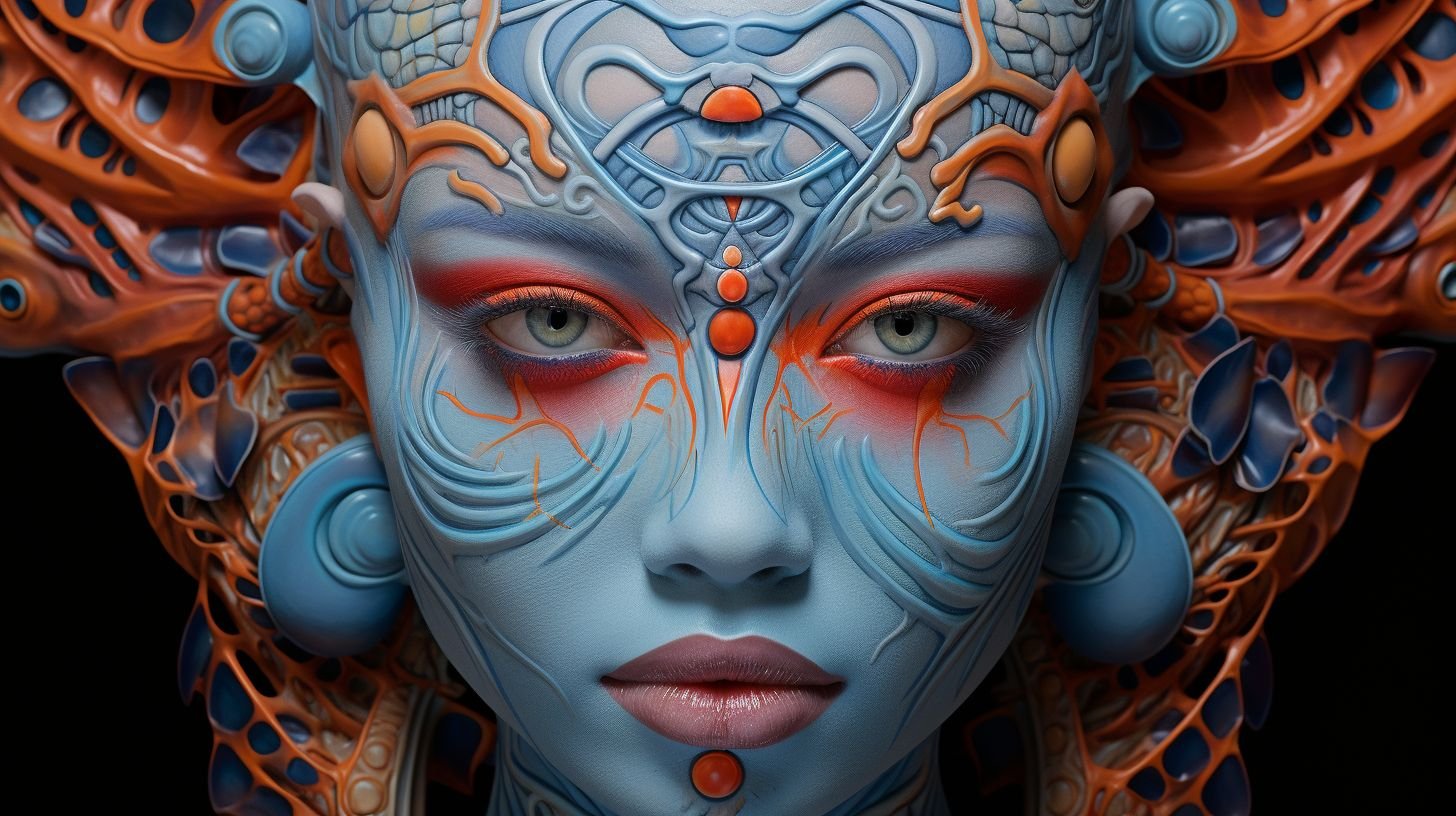 Prompt: a woman has an orange face and a red tongue, in the style of hyper-realistic sci-fi, turquoise and blue, intricate patterns and details, epic fantasy scenes, hyper-realistic portraits, contrasting shadows, junglecore