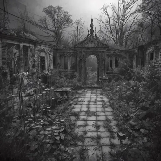 Prompt: An old creepy abandoned garden. The style is semi-realistic manga. The color pallet is gray scale. The mood is a bit dramatic, very creepy, moody, dark, and mysterious with melancholic undertones.