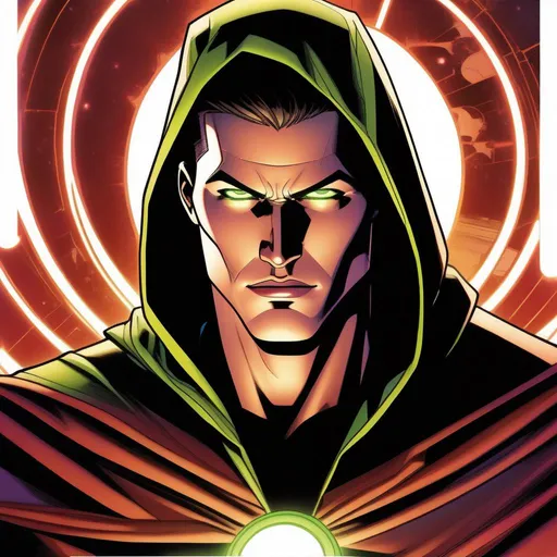 Prompt: detailed character, full body portrait of a young adult male sorcerer, round face, broad cheeks, extremely short brown slicked back pompadour undercut, green glowing eyes smirking, wearing robes with a hood, Marvel comics art, (comic art), 2d art. (2d), DC comics art. Well drawn faces, detailed faces.