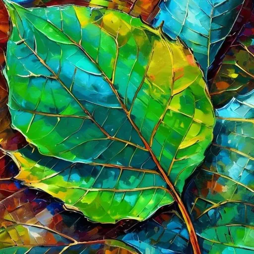 Green blue leaf abstract oil painting art