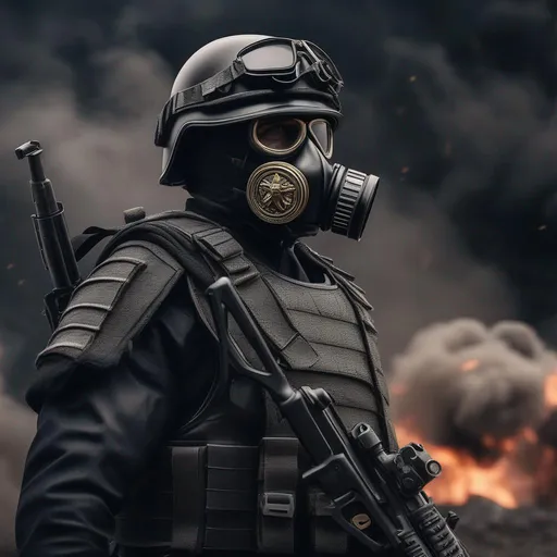 Prompt: A modern roman military male general in black military armor, with a pistol and gas mask, background war battle, Hyperrealistic, sharp focus, Professional, UHD, HDR, 8K, Render, electronic, dramatic, vivid, pressure, stress, nervous vibe, loud, tension, traumatic, dark, cataclysmic, violent, fighting, Epic