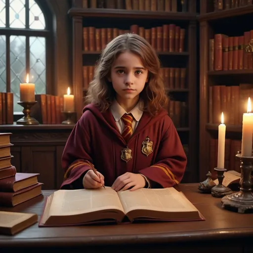 Prompt: Little Gryffindor witch with brown hair and brown eyes visiting the Headmaster’s office