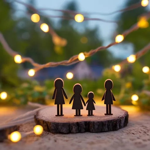 Prompt: tiny wooden family with dog, at night, cottage backyard forest lake, summer night string lights



