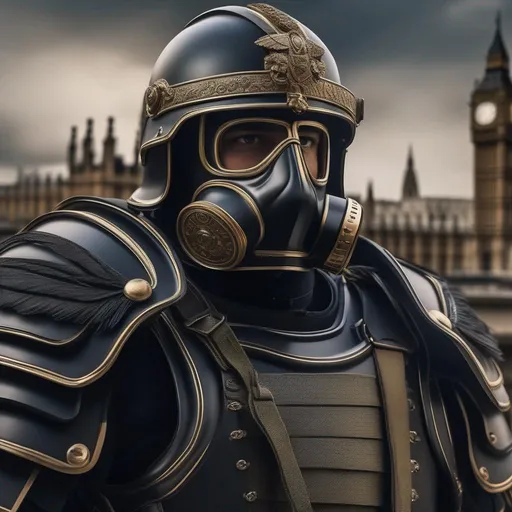 Prompt: A modern roman military male in black military armor galea helmet of roman armor, with a gunfire and gas mask, background Battle in London, UK, Hyperrealistic, sharp focus, Professional, UHD, HDR, 8K, Render, electronic, dramatic, vivid, pressure, stress, nervous vibe, loud, tension, traumatic, dark, cataclysmic, violent, fighting, Epic