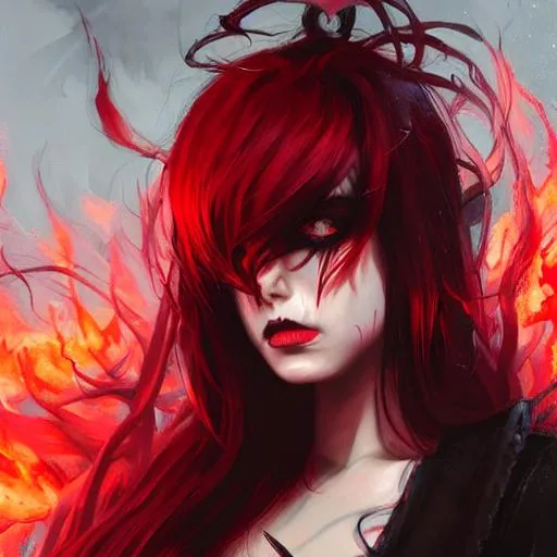 Prompt: Portrait of a female demon with black and red hair and with cute face, fire background, full body, perfect composition, hyperrealistic, super detailed, 8k, high quality, trending art, trending on artstation, sharp focus, studio photo, intricate details, highly detailed, by greg rutkowski