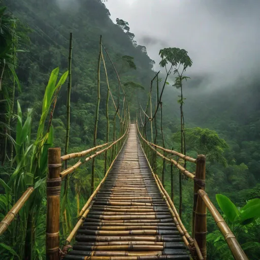 Prompt: lush Indonesian countryside, mountain ravine with rickety bamboo suspension bridge in foreground, backdrop tropical forest, heavy rain, mist, masterpiece, intricate detail, hyper-realistic, HDR, 8k