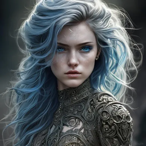 Prompt: girl, beautiful face, badass woman, royal, human, evil, blue hair, luscious hair, extremely detailed, uhd, hyperrealistic, realistic, real, intricate details, perfect composition, super detailed, sharp focus, picturesque