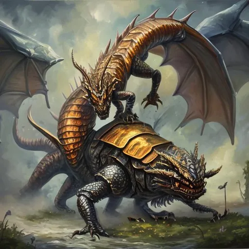Prompt: (oil painting style) A dragon fighting a huge beetle