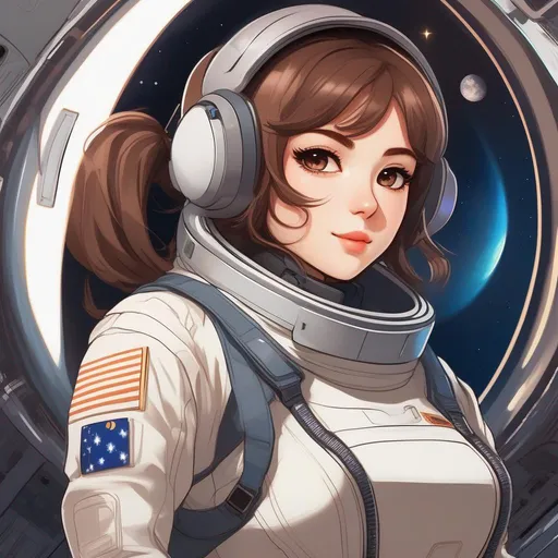 Prompt: anime waifu girl confidently sporting an astronaut suit that highlights her allure. Showcase her distinctive wide hips and captivating thick thighs within the suit, while her brown hair is elegantly tied in a ponytail. She exudes an air of adventure, wearing aviator sunglasses but forgoing the helmet, as she effortlessly embodies the perfect blend of space exploration and irresistible femininity.