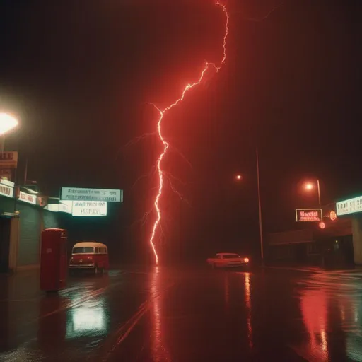 Prompt: Vintage 35 mm, 
, red lightning breaks the night, heavy rain  