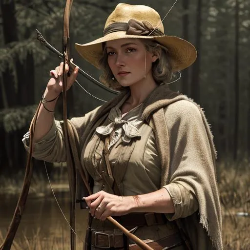 Prompt: ((best quality)), ((masterpiece)), ((realistic)), ((theyeboy)), (detailed) A serious white woman in 30s, holding bow and arrow, ranger, 1930s farmer, shawl, bloody, swamp, rugged, louisiana, weathered, dystopian, lots of wooden jewelry,high resolution scan, masterpiece, hyperrealism, delicate detailed complex, highly detailed, intricate detailed, volumetric lighting, light reflection, highly detailed concept art, trending on artstation, vivid colors, melancholic, dark, horror