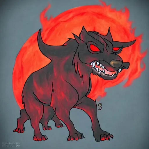 Prompt: cartoonist style hellhound with glowing eyes in a red mist
