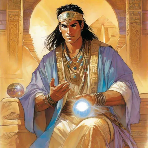 Prompt: "a painting of a man holding a crystal ball, mtg card trading, as illustrated in top cow comics, 1993 video game cover, wearing flowing robes, egypt themed art, the sands of time, dressed as an oracle, ancient tribe, brimming with energy, iram of the pillars, royo"