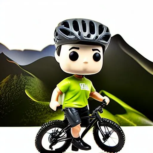 Prompt: Funko pop mountain biker figurine, made of plastic, product studio shot, on a white background, diffused lighting, centered