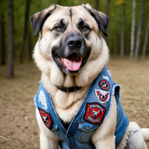 Prompt: Kangal Shepherd Dog wearing a heavy metal music denim vest with patches
