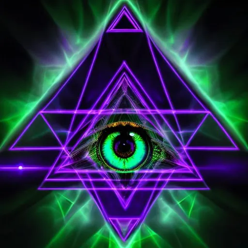 Prompt: green & purple cat eye in a sacred geometry  triangle cover art 