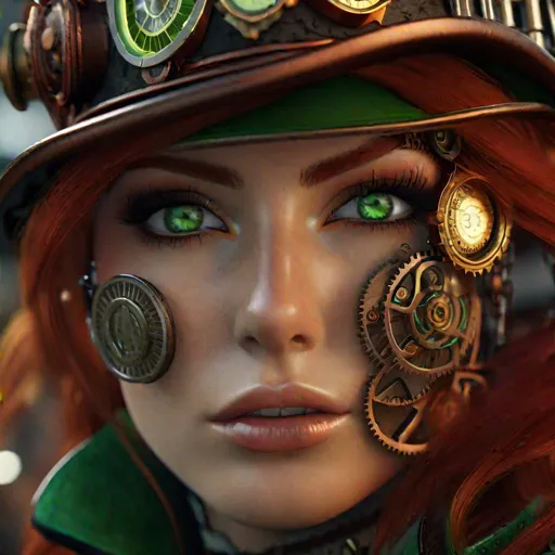 Prompt: A hyper realistic extremely detailed very close up steampunk woman. Woman has red hair and green eyes,  highly detailed, professional, render, Sharp focus, HD, UHD, HDR, hyperrealistic