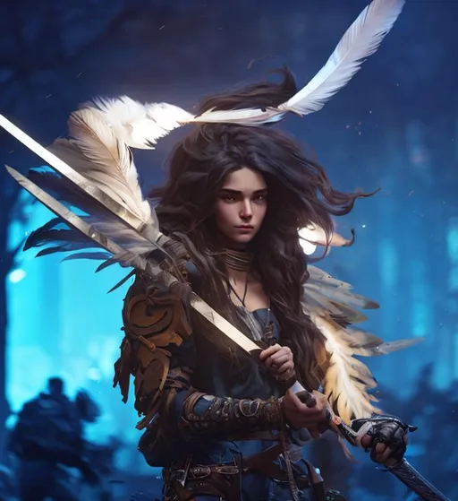 Prompt: Character design, top body portrait, a majestic female with long curled hair, smoked brown long hair, brown eyes, carrying swords at the back, smirked, modern feather jacket, cinematic lighting, hyper-detailed 8k, super details, unreal engine, octane render