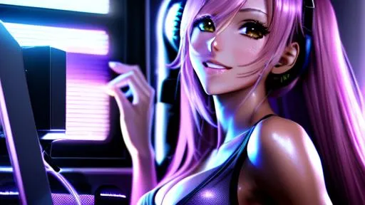 Prompt: semi-realistic gaming anime girl in pc gaming bedroom, skin highlights, full body shot in view, hair highlights, sweat,
blushing, movie scene, adult researcher, glamour, cleavage,
wonderful face, very detailed face, extremely detailed face, highly detailed face, soft smile, happy,
perfect face, perfect eyes, perfect teeth, perfect body, perfect anatomy, beautiful body, trending on instagram, trending on tiktok, trending on artstation, trending on cgsociety, white sclera,
photorealistic, masterpiece, cinematic, 16k artistic photography, epic, drama, 
romance, glamour, beauty, 
cinematic lighting, dramatic lighting, insanely detailed, soft natural volumetric cinematic lighting, award-winning photography, rendering, hd, high definition, 
highly detailed
