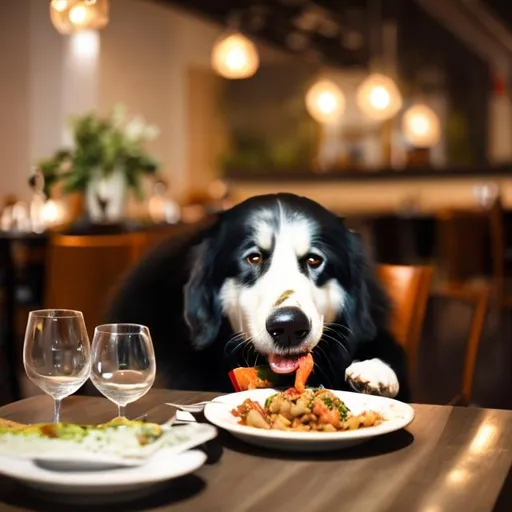 Prompt: dog eating dinner at gourmet restaurant