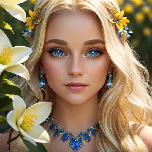 Prompt: Pixie dust princess, long blonde hair, sapphire eyes, yellow flowers in her hair,  facial closeup