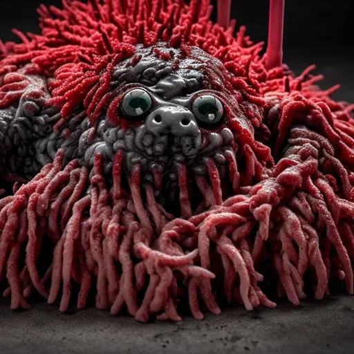 Prompt: Bloody mop, mopping up spilled blood, whole mop in photo, long red bristles, eyes on mop,  brains and viscera