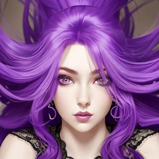 Prompt: Beautiful woman portrait big purple hair, eyes and lips, facial closeup
