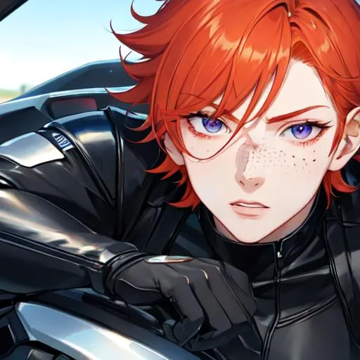Prompt: Erikku male (short ginger hair, freckles, right eye blue left eye purple) muscular, riding a motorcycle. UHD, 8K, Highly detailed, wearing biker gear, driving on the freeway, close up