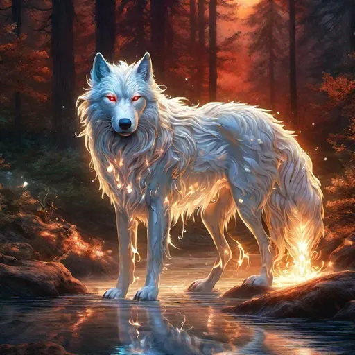 Prompt: Insanely beautiful (canine quadruped) that is glowing, thick brilliant pearl-white mane, on two legs, translucent, luminescent, illusion, glistening fiery mane, glows like the sun, flaming red eyes, majestic wolf face, energetic fox, in a magical forest near a lake, moonrise, beneath the stars, crystal lake, corona, glowing outline, waterfall, bioluminescent, highres, best quality, concept art, epic digital art, intricately detailed, cinematic, 8k eyes, highly detailed eyes, highly detailed, 64k, vibrant, UHD, professional, intricately detailed background