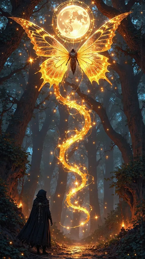 Prompt: ((magical butterfly)). ((black butterfly)). yellow moon magic. glowing stars, black butterflies, ((big magic butterfly storm, lots of black butterflies))
 
deathly dark shadowy castle background, ((wide length camera)), long distance , long shot, left side angle, wide depth of field. film grain, film textures. 