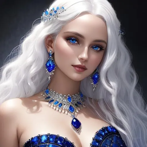 Prompt: An etherial woman with curly white hair and brilliant blue eyes, wearing sapphire jewelry,closeup